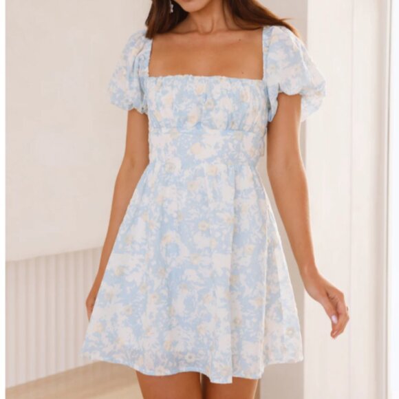 Hello Molly Sunshine Style Puff Sleeve Blue Floral Mini Dress S - Picture 2 of 14
